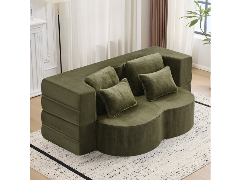 Canapé droit convertible 2 places avec 4 coussins, en tissu flanelle vert - Conforama B