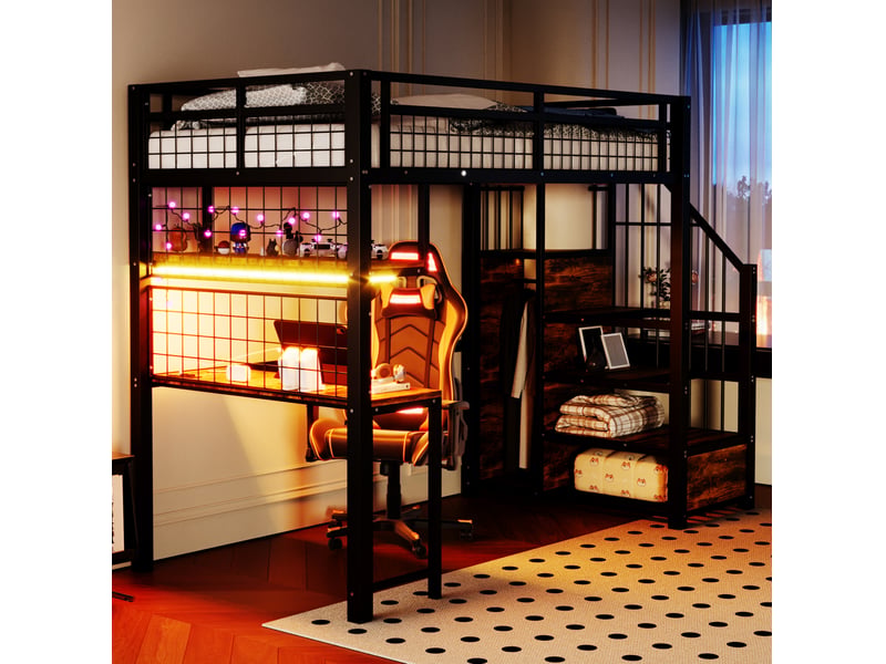  Lit mezzanine 90x200 cm avec bureau, éclairage et prise, métal noir sans matelas  - Conforama D