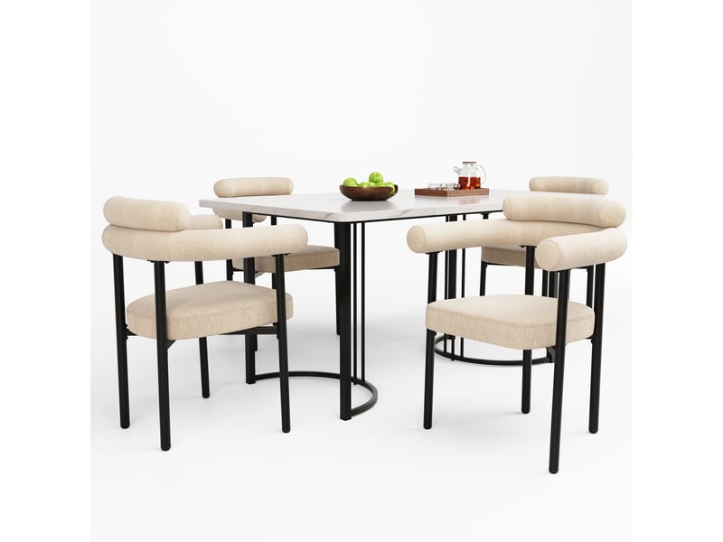  Ensemble table à manger 4 chaises, plateau mdf 140 x 80 cm, fauteuils en velours crème et piètement moderne en métal noir  - Conforama A