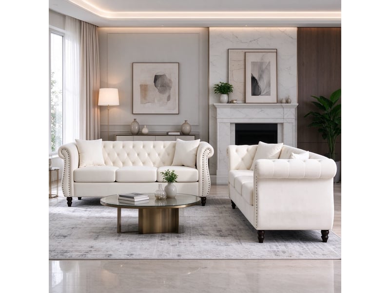  Canapé droit de style chesterfield en velours, pieds en bois d'hévéa en forme de bouteille, capitonnage à boutons, 6 places, 76 x 73,6 x 203 cm, beige  - Conforama D