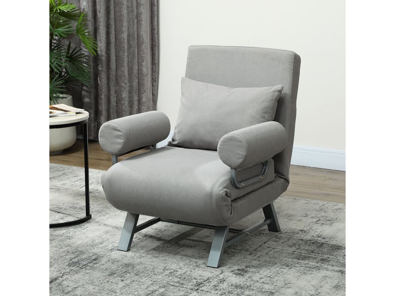 Fauteuil chauffeuse convertible inclinable coussin lombaires accoudoirs piètement métal lin gris clair - Conforama B