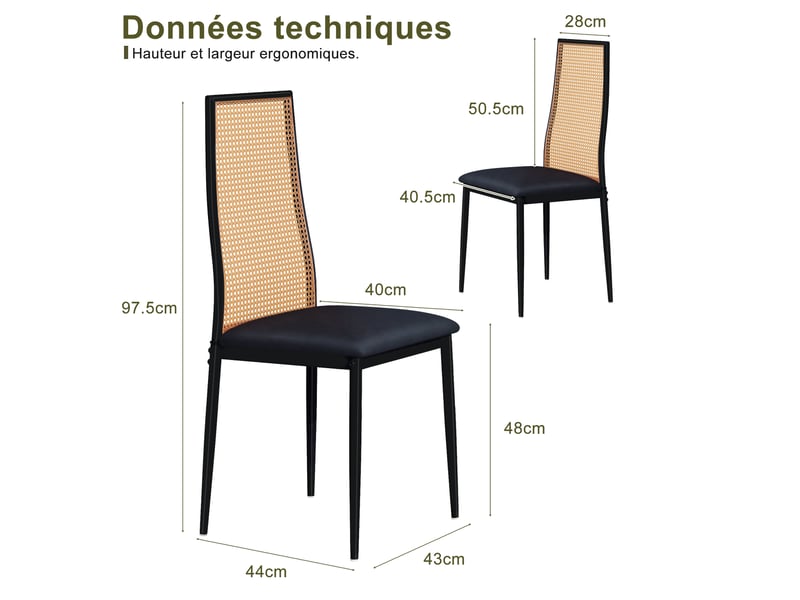 Lot de 2 chaises de salle à manger à dossier haut en rotin – design noir et naturel, assise rembourrée noire, style industriel et champêtre - Conforama B