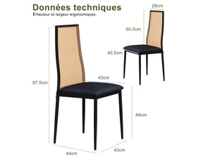 Lot de 2 chaises de salle à manger à dossier haut en rotin – design noir et naturel, assise rembourrée noire, style industriel et champêtre