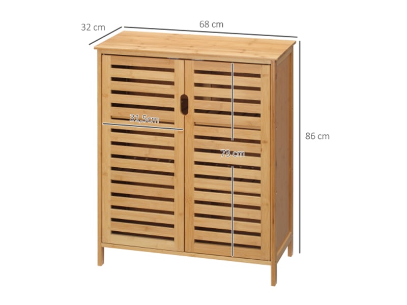  Meuble de salle de bain en bambou 68x32x86 cm, 2 portes à lamelles, 2 étagères, naturel  - Conforama C