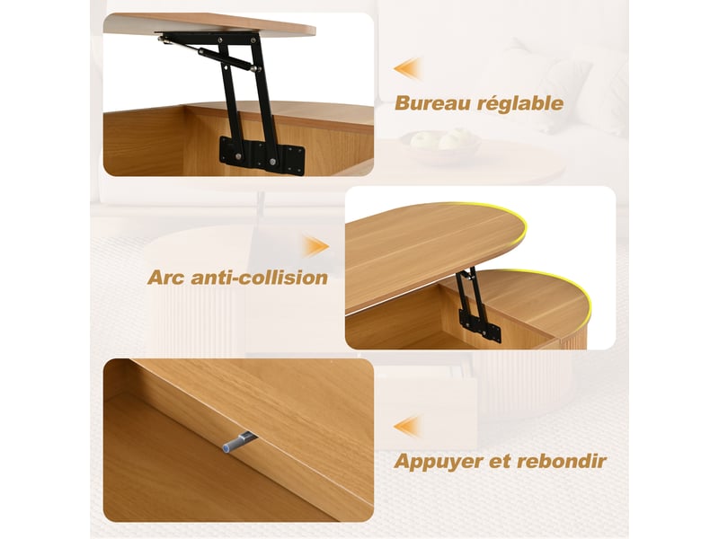  Table basse relevable ovale 100x50cm bois clair avec tiroir et rangement caché  - Conforama W