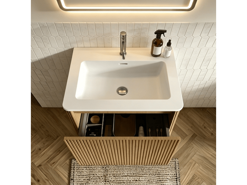 Meuble de salle de bain suspendu 60 cm ensemble meuble vasque couleur chêne avec miroir led - Conforama C