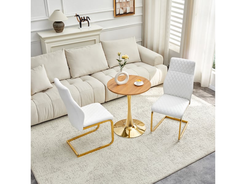  Ensemble table ronde et 2 chaises, plateau mdf effet bois 60 cm, sièges blancs matelassés et piètement doré  - Conforama C