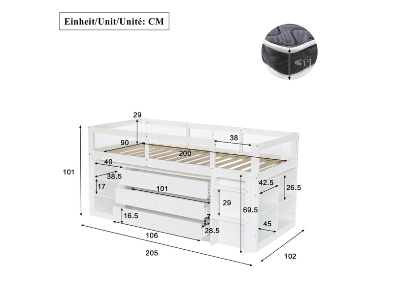  Lit enfant mi-hauteur 90x200 cm avec 3 tiroirs et protection en acrylique blanc  - Conforama E