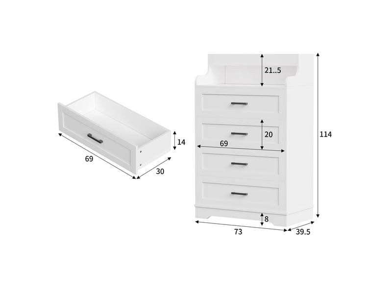 Commode blanche 4 tiroirs 73x40x114 cm, commode chambre avec éclairage led rgb et étagère ouverte, bois, moderne, blanc - Conforama E