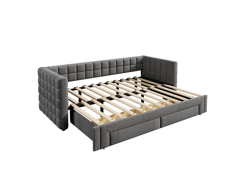  Lit banquette gris 90x200 cm extensible 180 cm avec dossier et 2 tiroirs  - Conforama E