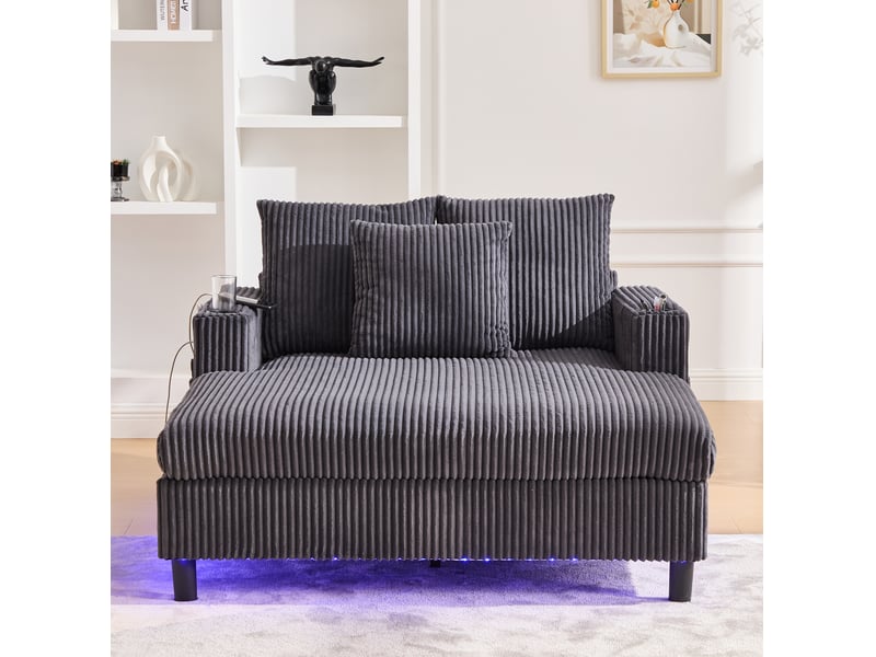  Fauteuil lounge fixe en velours côtelé gris foncé avec led, usb et porte-gobelet, pour vos instants détente à la maison  - Conforama E