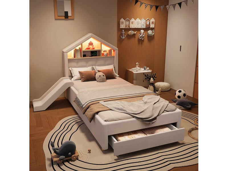  Lit enfant 90x200 cm avec toboggan réversible et éclairage led en velours beige  - Conforama C