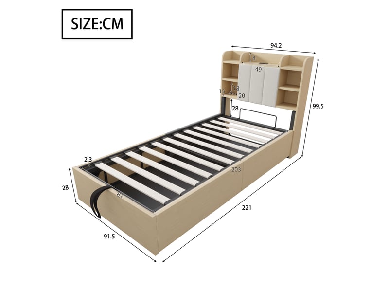 Lit simple 90 x 200 cm avec usb et tape-c, lit coffre, cadre de lit adulte en bois, tête de lit avec espace de rangement, beige  - Conforama W