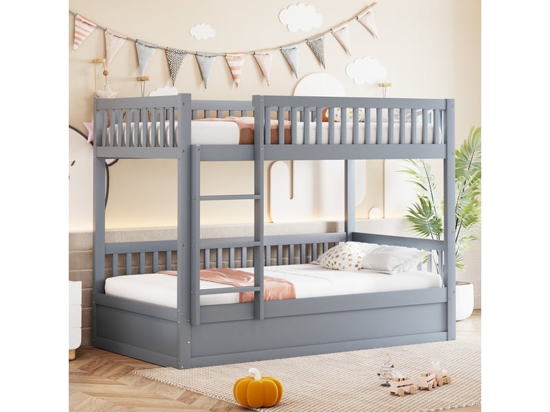  Lit superposé 2 places 90 x 200 cm avec lit coffre hydraulique intégré, lit enfant en bois avec garde-corps, échelle et sommier à lattes - gris  - Conforama C
