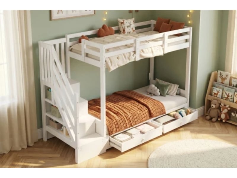  Lit superposé enfant, 90×200 cm, multifonction, escalier avec rangement + 2 tiroirs, niveau inférieur convertible en lit ou canapé avec coussins, blanc, sans matelas  - Conforama B