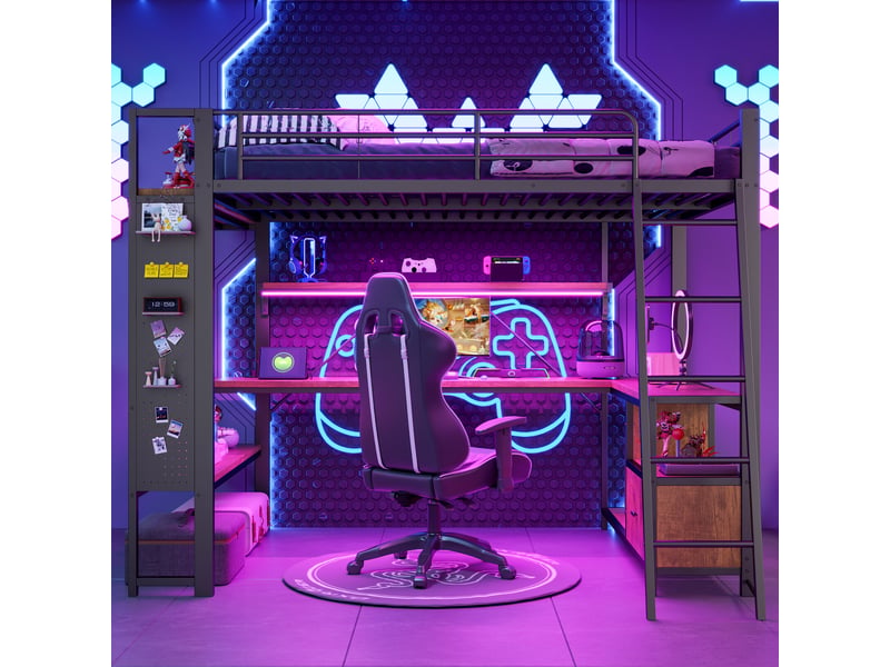  Lit mezzanine 140 x 200 cm, structure métal, led, bureau, étagères, panneau perforé, usb, sans matelas, noir  - Conforama D