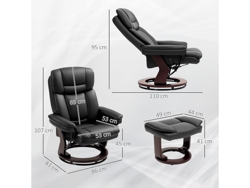  Fauteuil relax noir avec repose-pieds, pivotant à 360°, inclinable à 130°, en simili cuir pour salon  - Conforama C