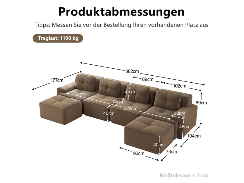  Canapé d'angle modulable en u 4 places avec assise profonde et sans montage en velours côtelé marron  - Conforama E