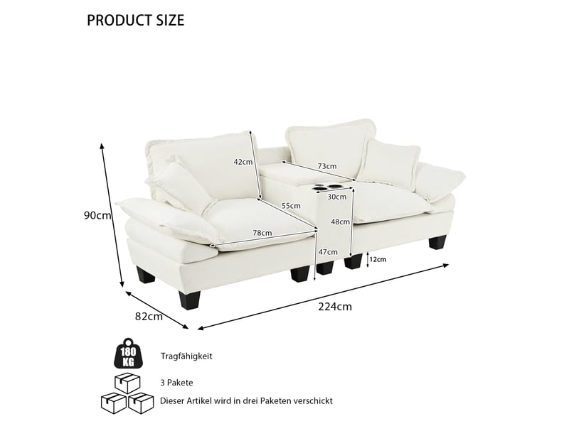 Canapé 2 places modulable beige en chenille avec repose-pieds, rangement, porte-gobelets et ports usb - Conforama E