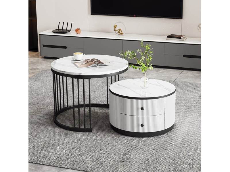  Lot de 2 tables basses gigognes rondes 60x60x45.5 cm blanc et noir, 2 tiroirs  - Conforama E