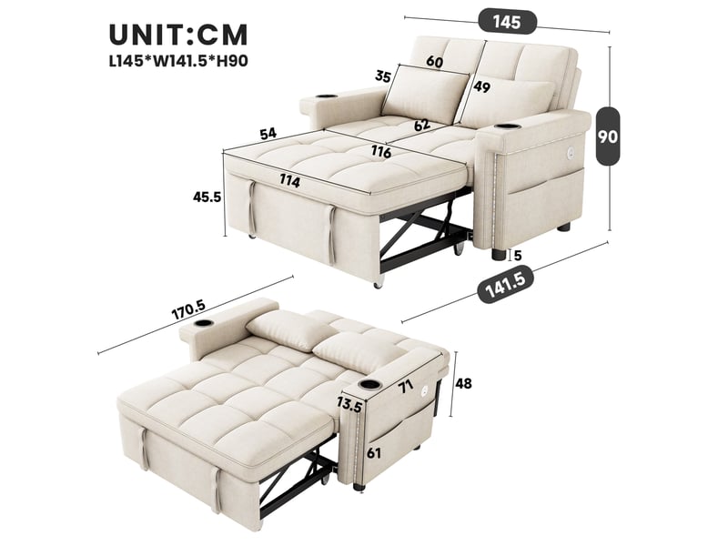 Canapé convertible 2 places avec dossier réglable, led, ports usb et usb-c, porte-gobelets et poches en chenille beige - Conforama C