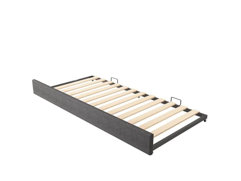  Lit banquette avec lit gigogne 90 x 190 cm, dossier rembourré et barrière amovible, revêtement en lin gris  - Conforama E