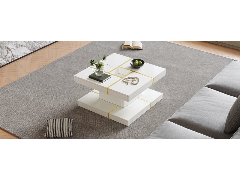  Table basse carrée à deux niveaux avec rangement central - lpospi - support central stable, panneau de particules blanc  - Conforama E