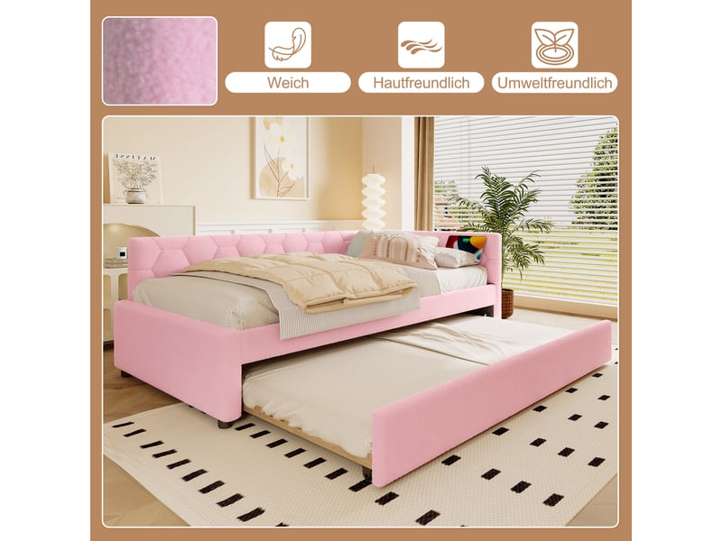  Lit banquette tissu bouclette 90x200 rose avec lit gigogne, lampe de chevet et ports usbtype-c  - Conforama E