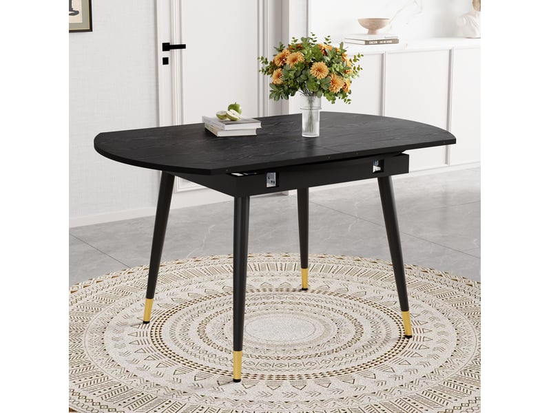 Table à manger extensible, table repas ronde à ovale, table gain de place, pieds métal dorés, mdf noir, 6 à 8 personnes - Conforama D