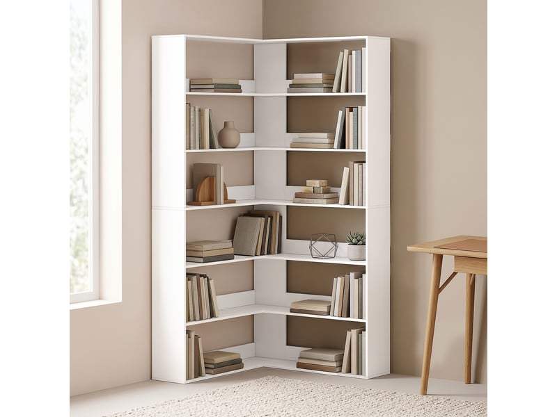  Bibliothèque à 7 étagères, étagère d'angle en l avec dos antidérapant, blanche aspect bois  - Conforama D