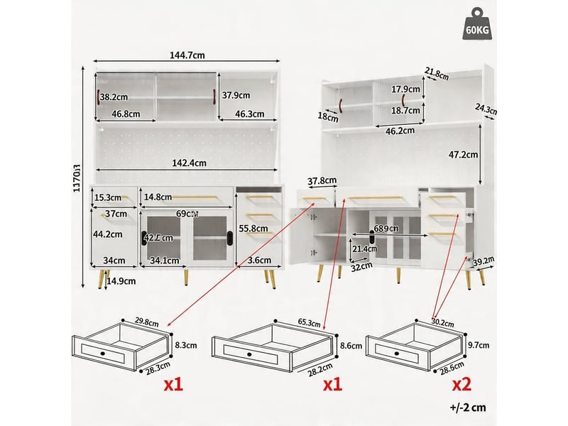  Buffet moderne led armoire haute cuisine salon rangement panneau perforé tiroir porte vitrée blanc  - Conforama C