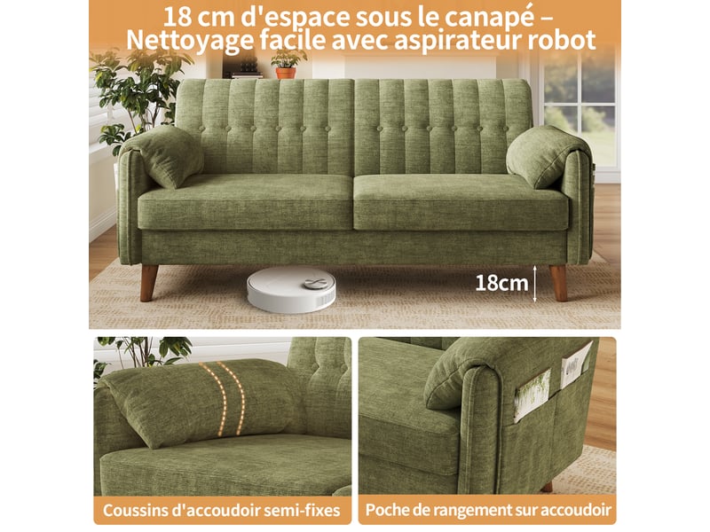 Canapé 2 places 161,5 x 79 x 83,5 cm en chenille, dossier capitonné, 2 coussins d’accoudoir, poches latérales, pieds en bois massif - vert  - Conforama E
