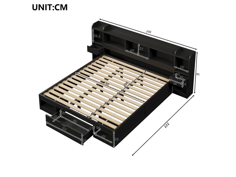  Lit plateforme noir 180 x 200 cm avec tête et pied de lit intégrant du rangement, 3 tiroirs, plusieurs compartiments, bandeau led et port usb  - Conforama C