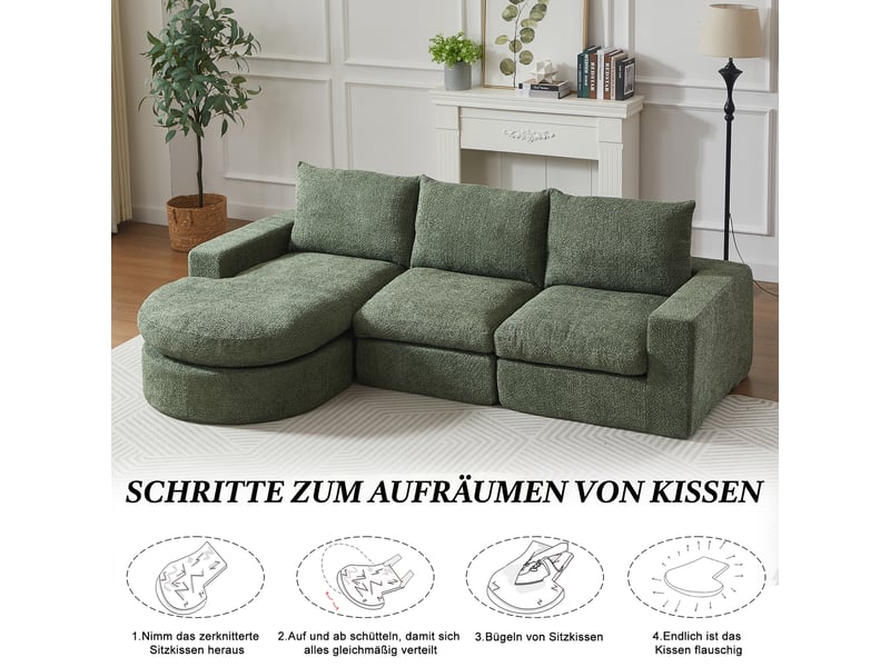 Canapé d’angle modulable avec méridienne réversible - lpospi - coussins double épaisseur, chenille vert - Conforama E