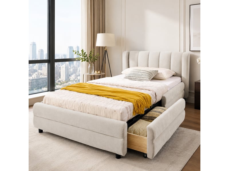 Lit simple 90x200 cm avec 2 tiroirs, ports usb et type c en chenille beige  - Conforama D