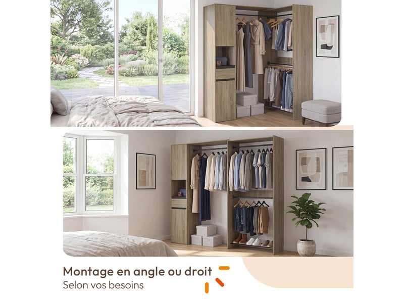 Dressing d'angle modulable l. 145 - 203 cm melman triple penderie + portes + tiroir + étagères bois et noir - Conforama C