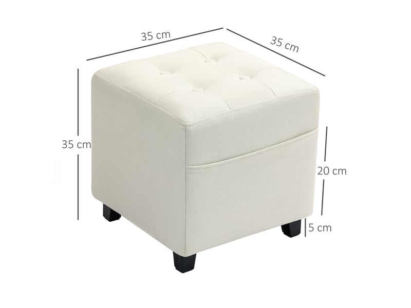  Repose pied salon, ottoman, siège rembourré capitonné en tissu aspect lin avec poche latérale, crème, 35 x 35 x 35 cm  - Conforama C
