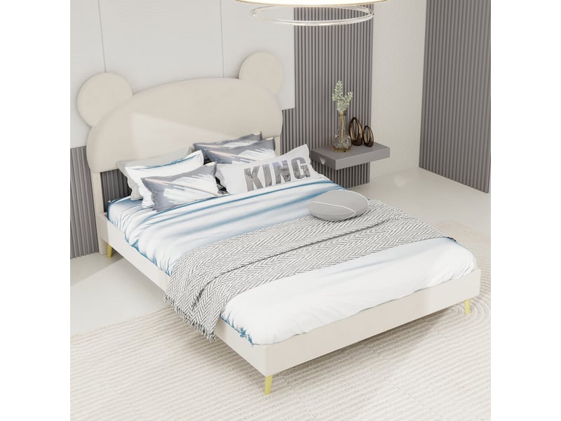  Lit enfant 140x200 cm avec tête cartoon, tissu et métal, beige, sans matelas  - Conforama B