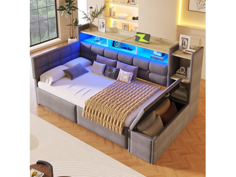  Lit simple 90x190 cm, 2 tiroirs, coffre, ports usb type-c et led, tissu en velours, couleur gris foncé, sans matelas  - Conforama B