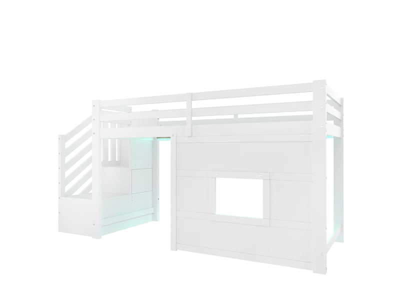  Lit surélevé enfant 90x200 cm blanc, escalier intégré, design fenêtre et éclairage led  - Conforama A