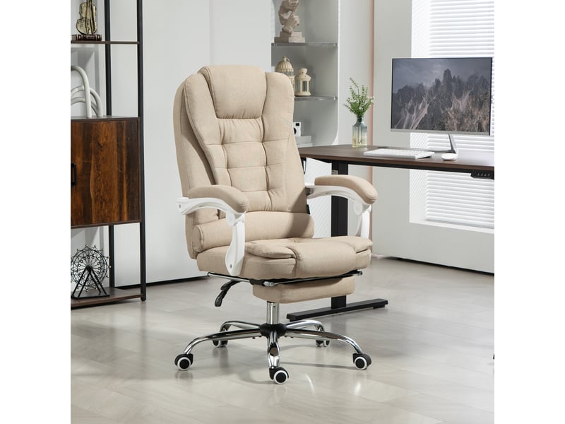 Fauteuil de bureau manager chaise pour ordinateur avec repose-pied dossier inclinable accoudoirs rembourrés en lin beige - Conforama C