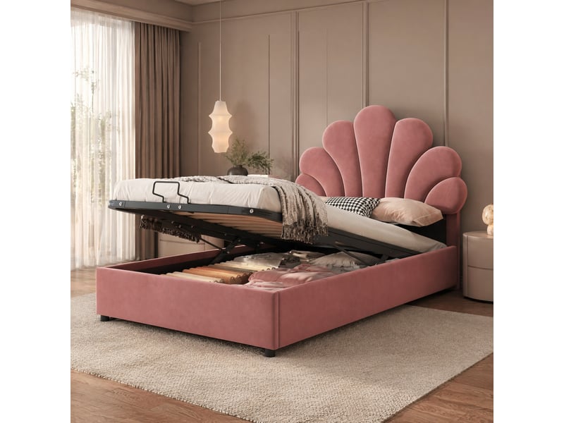 Lit enfant 90x200cm, lit coffre, lit simple, sommier et tête de lit inclus, velours rose, sans matelas - Conforama B