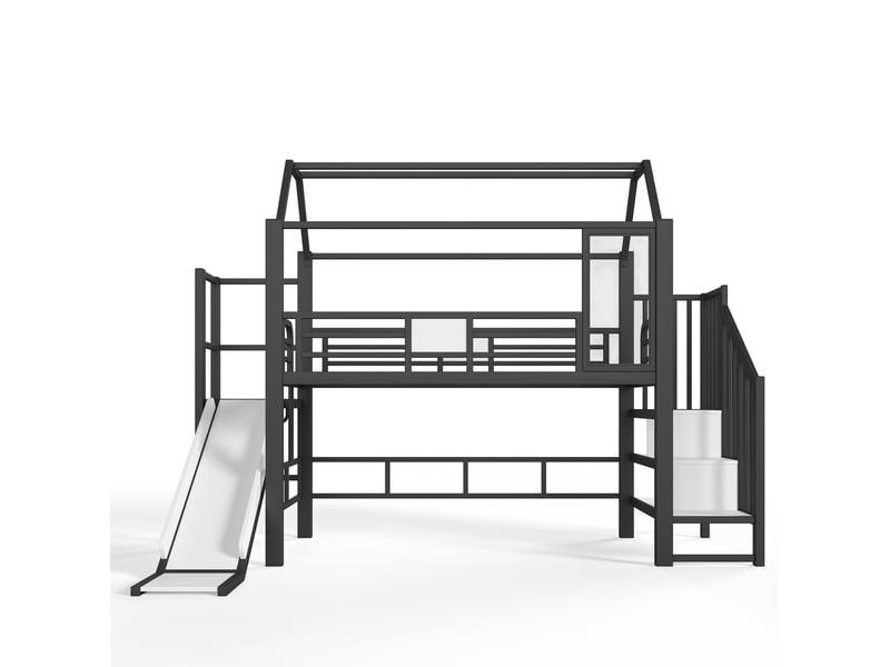 Lit mezzanine enfant 90 x 200 cm noir en métal et mdf, avec toboggan, escalier, rangement et led bluetooth - Conforama D