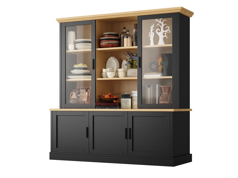  Buffet haut 140x40x185cm avec vitrine supérieure, étagères réglables, anti-basculement et charge 100kg,noir evarich - Conforama A