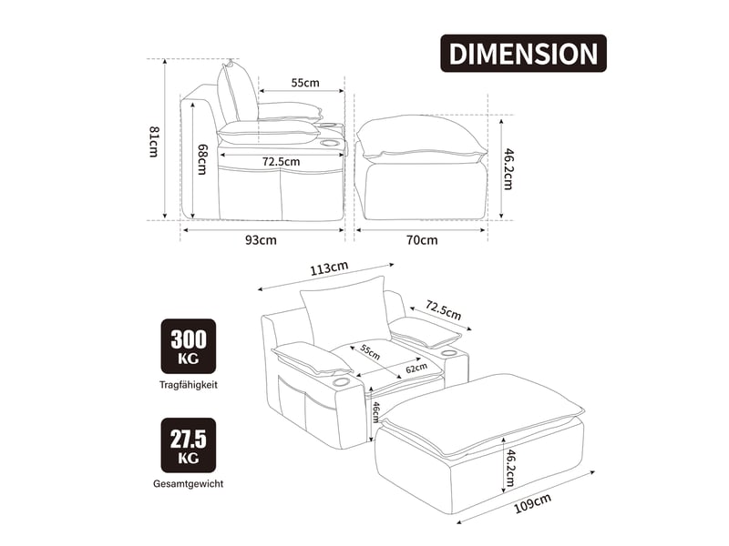  Chaise longue tcqpz 1 place en chenille gris 113 x 109 x 81 cm avec 4 coussins porte-gobelet et poche de rangement sans montage  - Conforama C