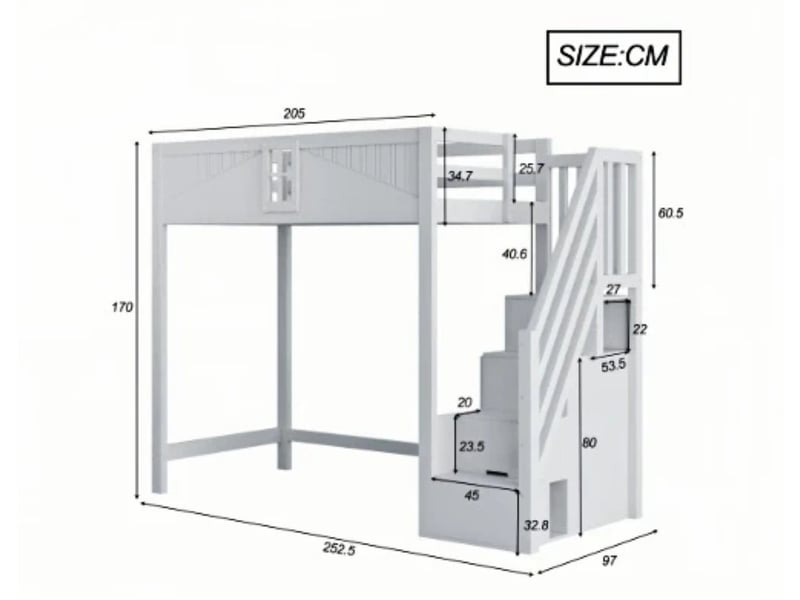 Lit superposé enfant 90×200, échelle 4 marches, garde-corps, pinmdf, blanc - Conforama C
