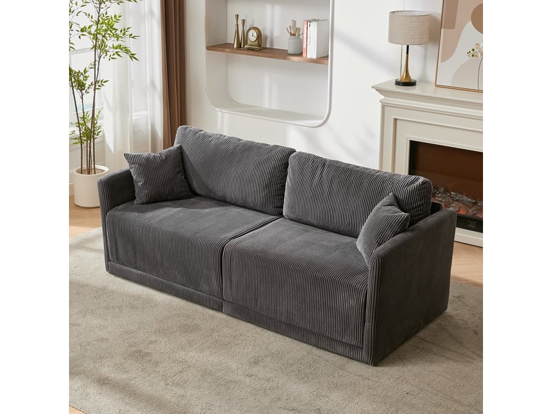  Canapé convertible avec couchage d’appoint  - accoudoirs en bois, velours côtelé gris, 182 × 88 × 84 cm  - Conforama C
