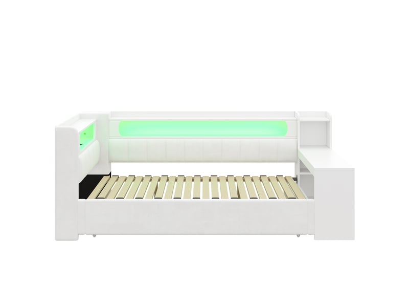 Lit banquette extensible 90 à 180 x 200 cm, lit gigogne, bureau, étagères, led, ports usb, revêtement lin, blanc evarich - Conforama D