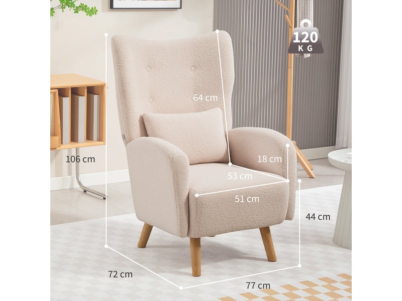  Fauteuil à oreilles en tissu peluche beige 77 x 72 x 106 cm  - Conforama C