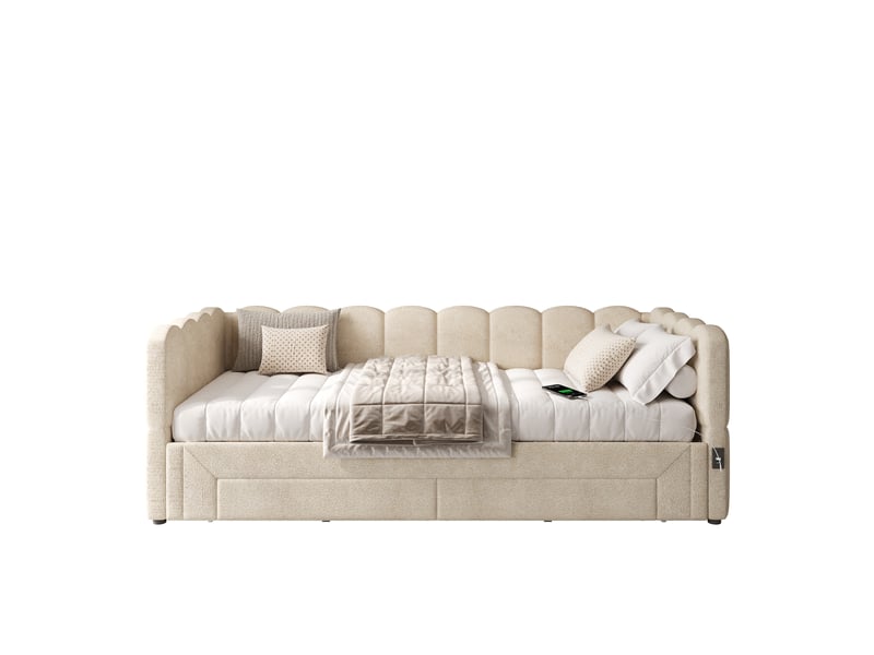  Lit banquette 90x200cm extensible avec 2 tiroirs et ports usbusb-c, chenille beige  - Conforama A
